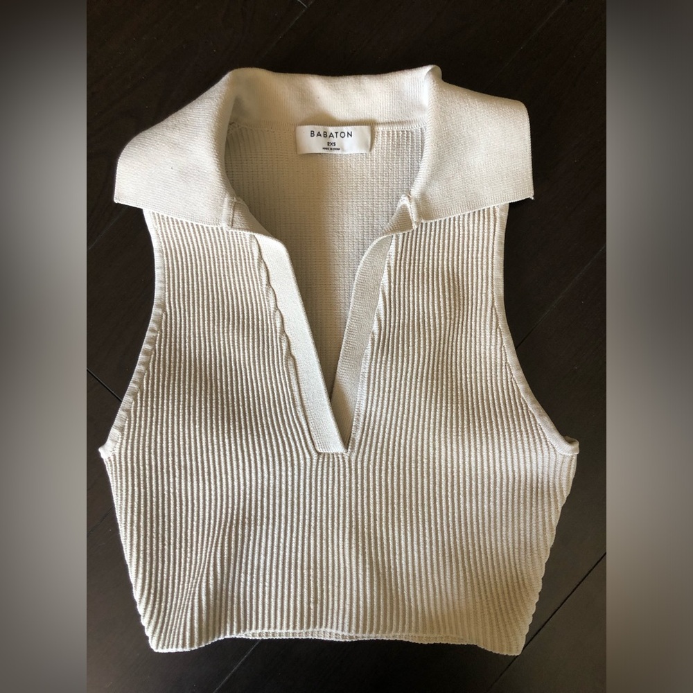 Aritzia Babaton fitted matte pearl sculpt knit ribbed cropped polo top 2XS